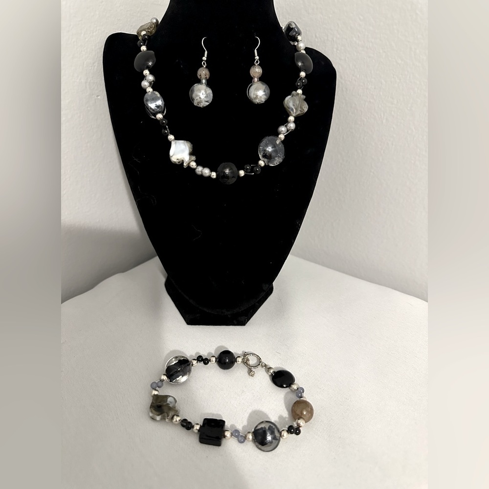 Handmade black bracelet, earrings and necklace the bracelet is 8”